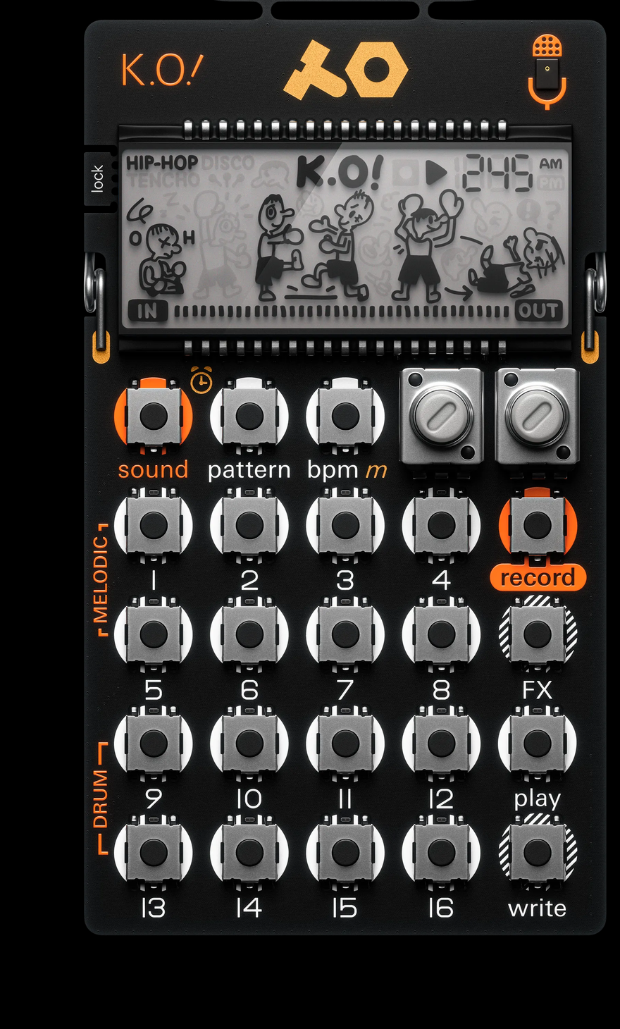 The PO-33 K.O!: the sound, pattern and bpm buttons with the two knobs along the top; a four-by-four grid of numbered keys 1–16 labelled MELODIC (1–8) and DRUM (9–16); and record, FX, play and write down the right-hand column.